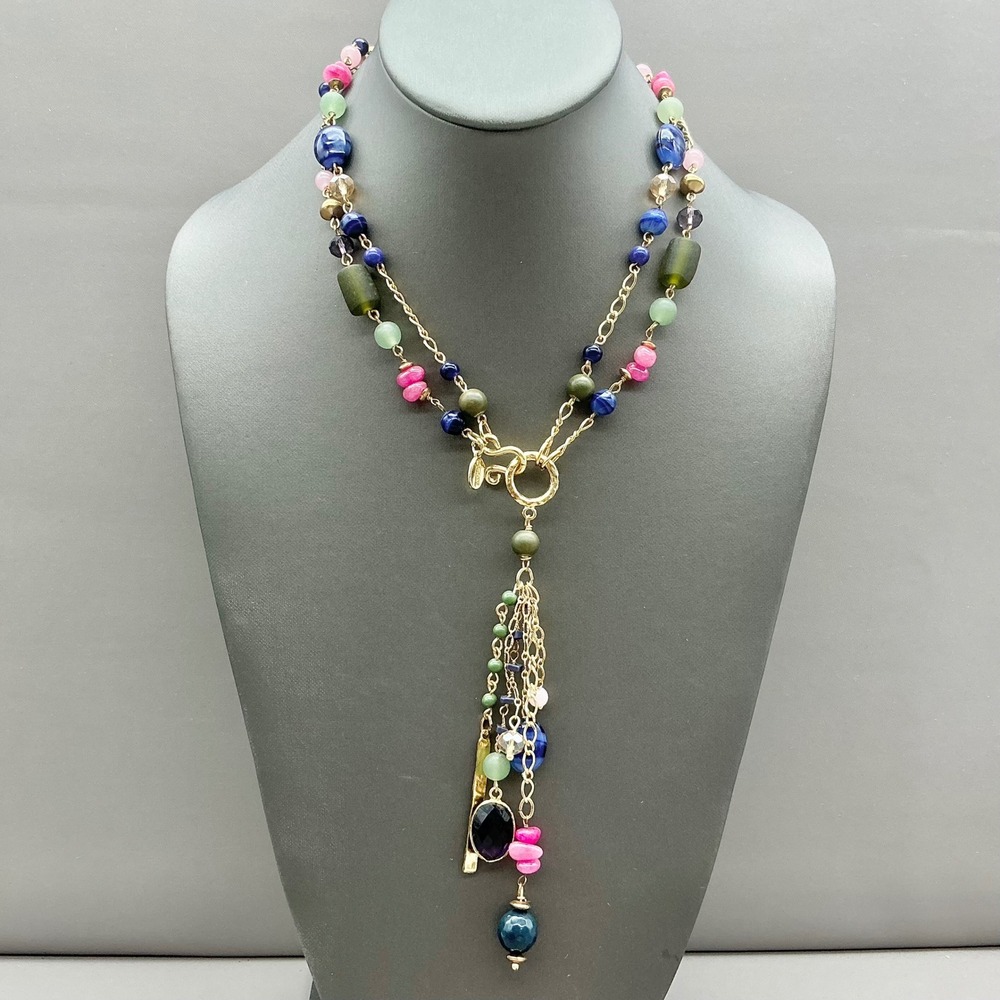 Chico's Necklace Women Multicolor Beaded Lariat Tassel Gold Tone Fashion Jewelry